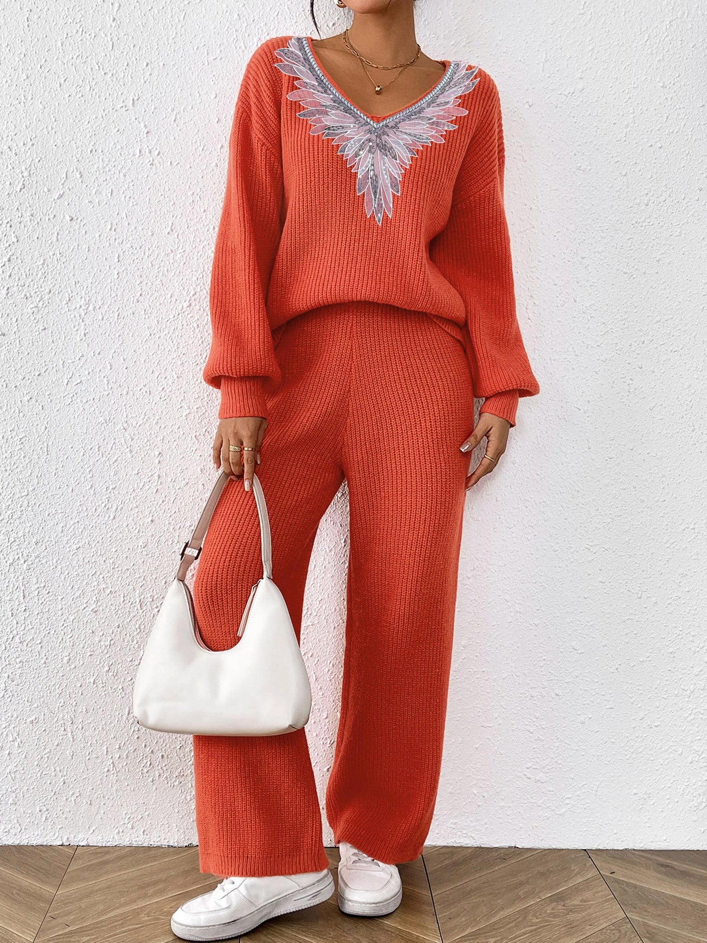 Women's Knitted V-Neck Loose Top & Solid Wide Leg Straight Pants Sweater Two-Piece Set 5