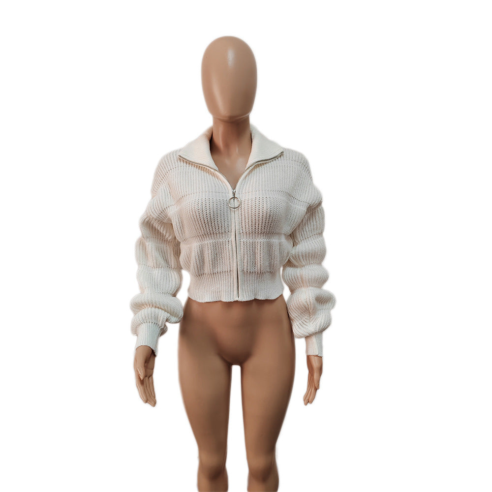 Women loose lantern sleeves Ribbed cuffs zipper sweater 17