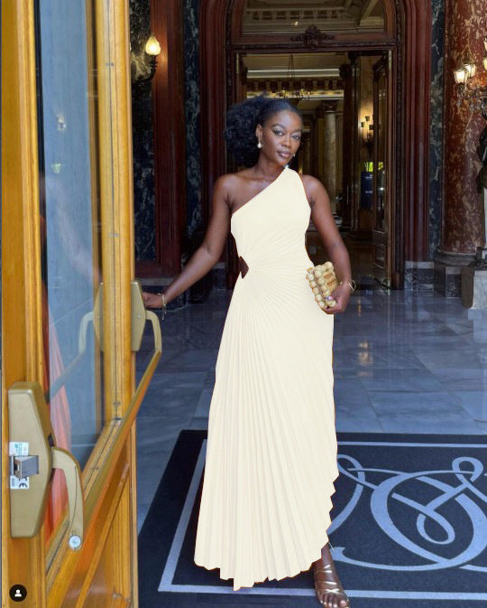 Elegant Slim Fit One Shoulder Cutout Pleated Gown Dress 6