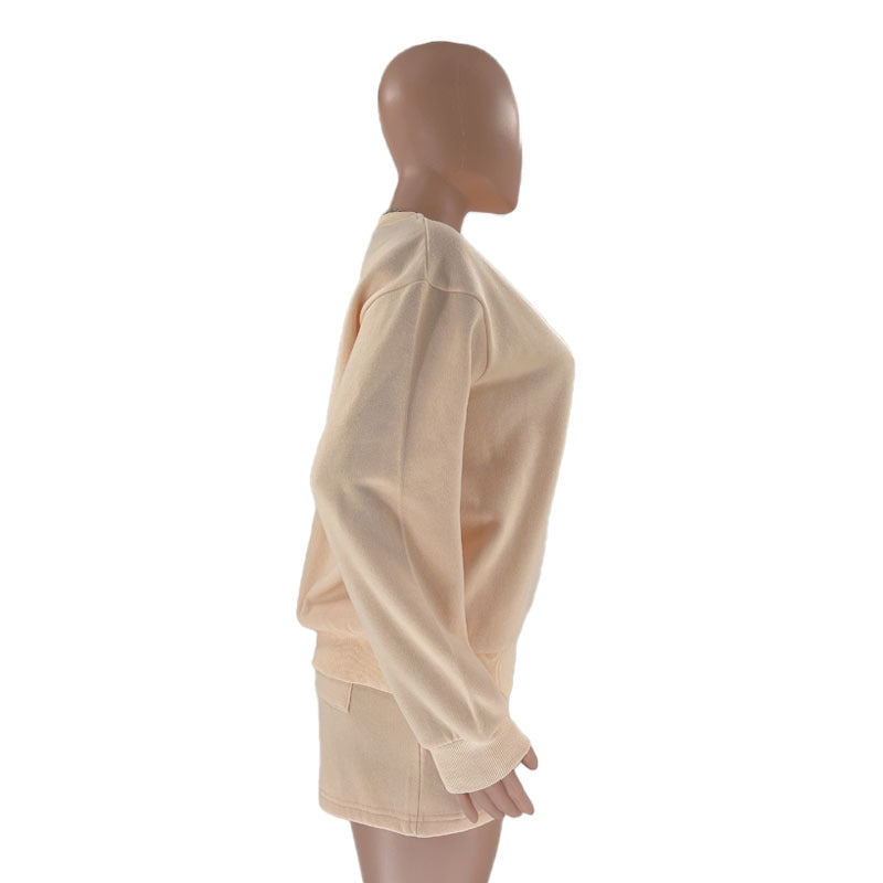 Fall Winter Solid Color Round Neck Pullover Long Sleeve Hoodies Women's Fashion Casual Shorts Two Piece Set 25