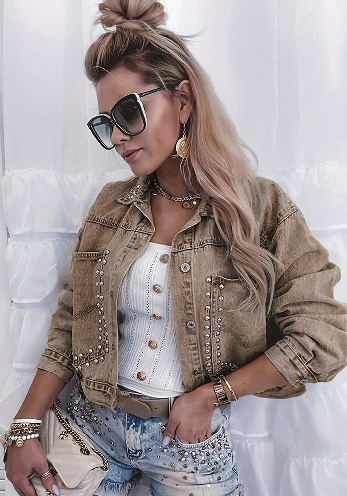 Women's Rivet Decoration Denim Jacket Oversize Long Sleeve Turndown Collar Short Multi-Color Coat