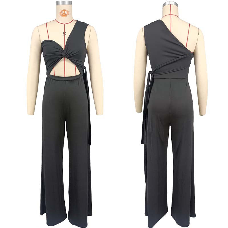 Fashion Solid Color Sleeveless Lace-Up Loose Wide Leg Jumpsuit 6