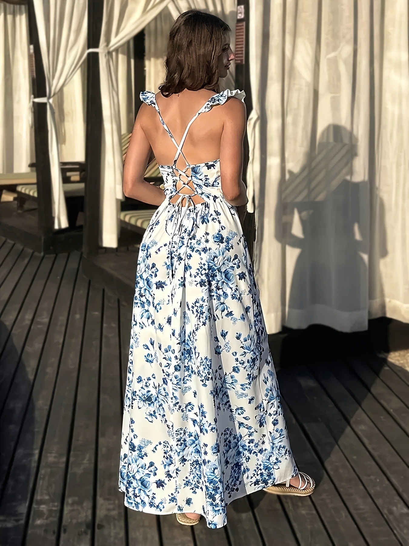 Women Summer Floral Print Square Neck Slit Lace Sexy Dress 4