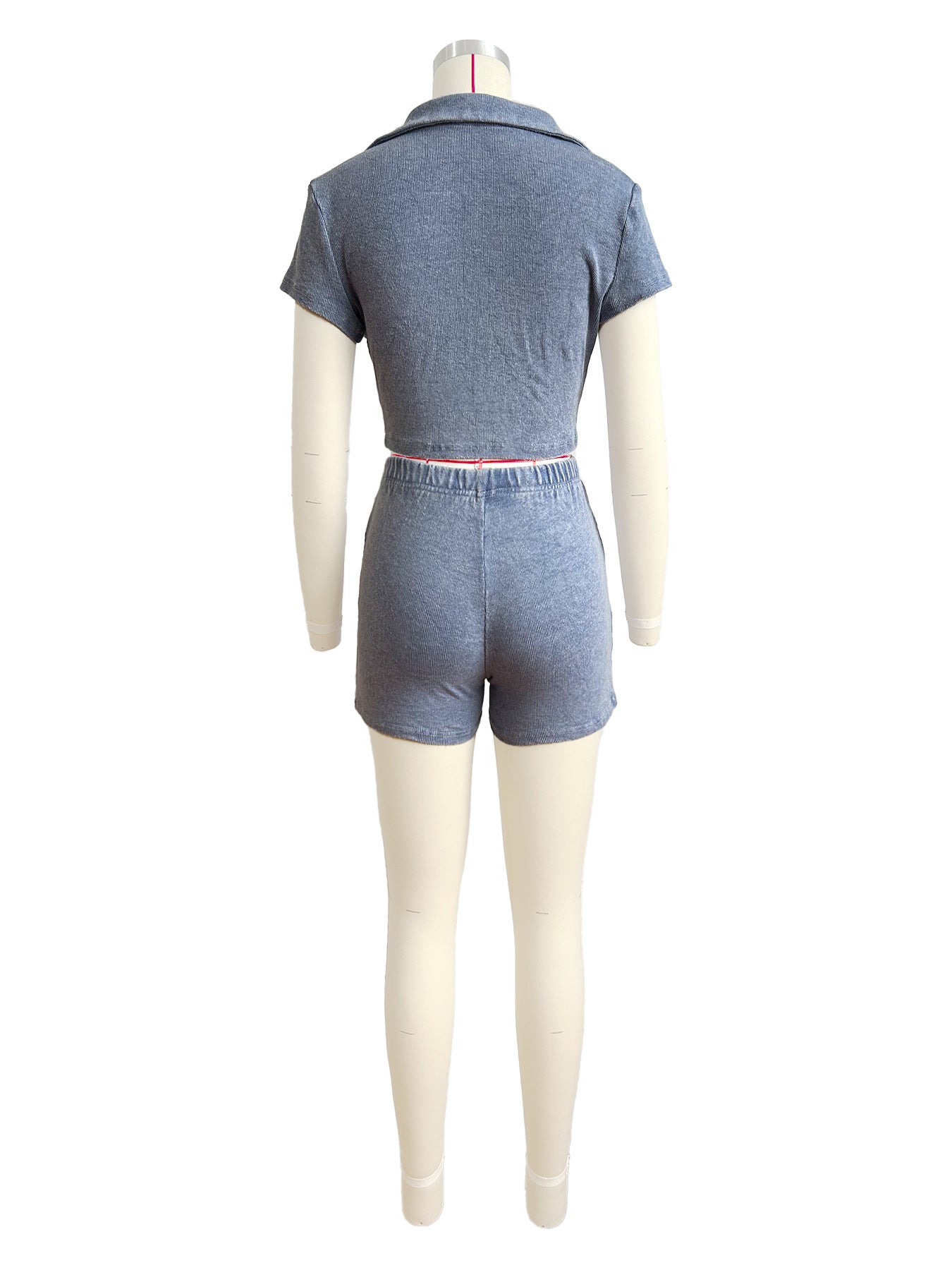 Women's Turndown Collar Deep V Short Sleeve Cotton Ribbed Top Shorts Two Piece Set 10