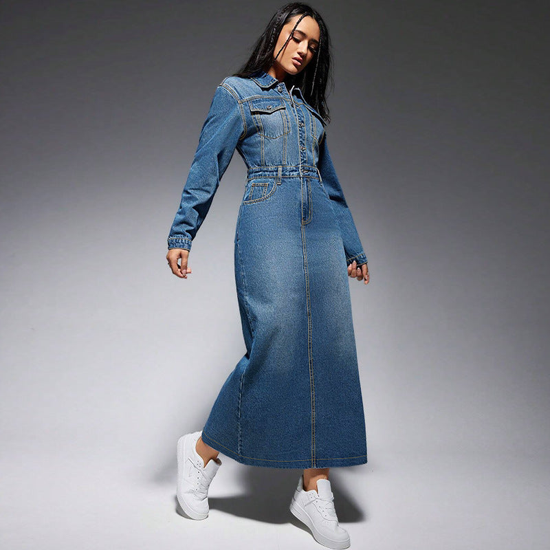 Women's Long Sleeve Turndown Collar Denim Button Slit Long Dress 4