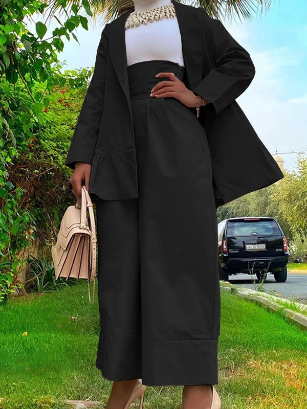 Women's Turndown Collar Jacket High Waist Loose Pants Suit