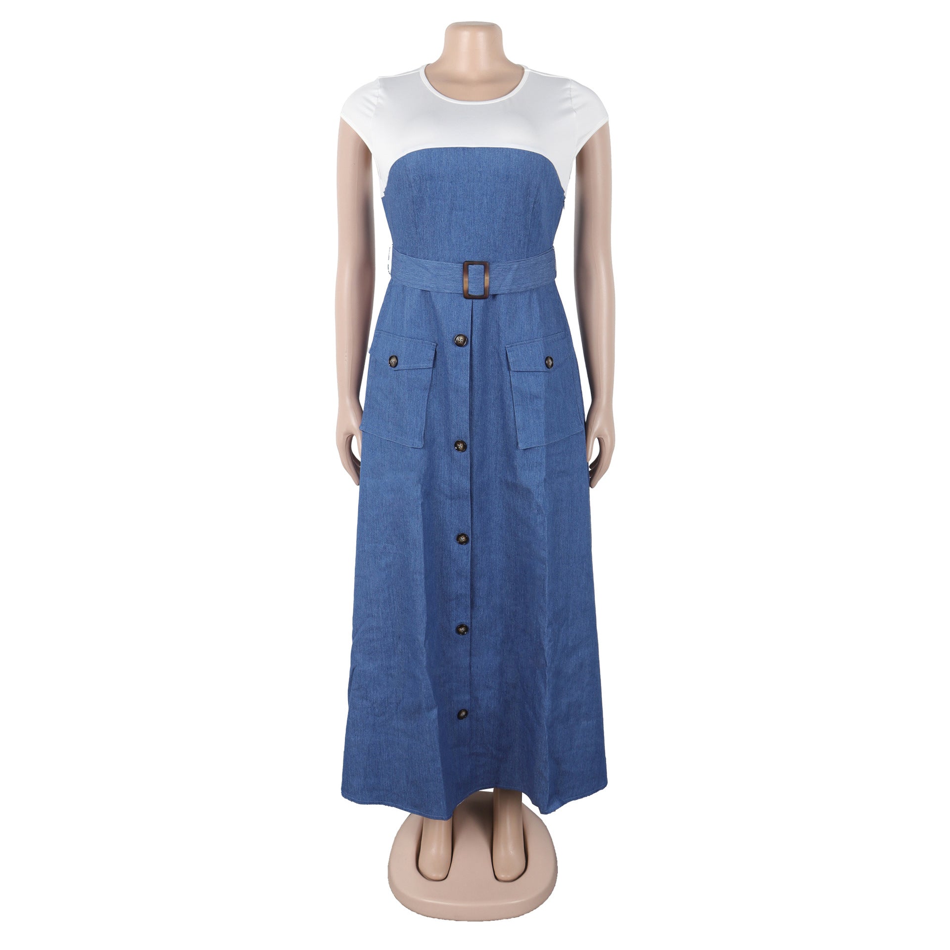 Elegant Career Denim Patchwork Contrast Color Pocket A-Line Dress 8