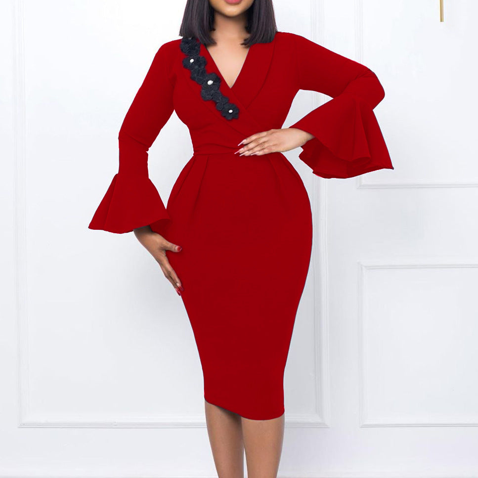 Women's Fall Winter V-Neck Chic Elegant Bell Bottom Sleeve Slit Bodycon Dress