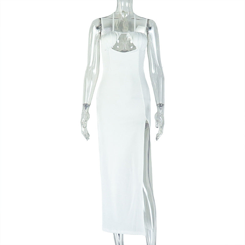 Women's Trendy Low Back Halter Neck Solid Color Hollow Slit Irregular Long Dress 11