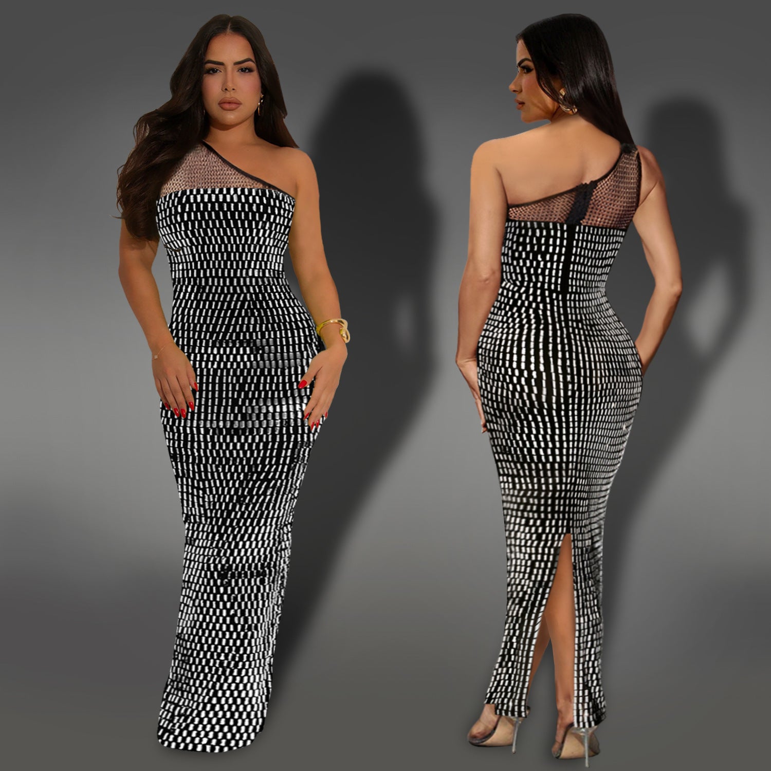 Fashion Women's Sexy Mesh Beaded Slash-Shoulder Sleeveless Long Dress 3