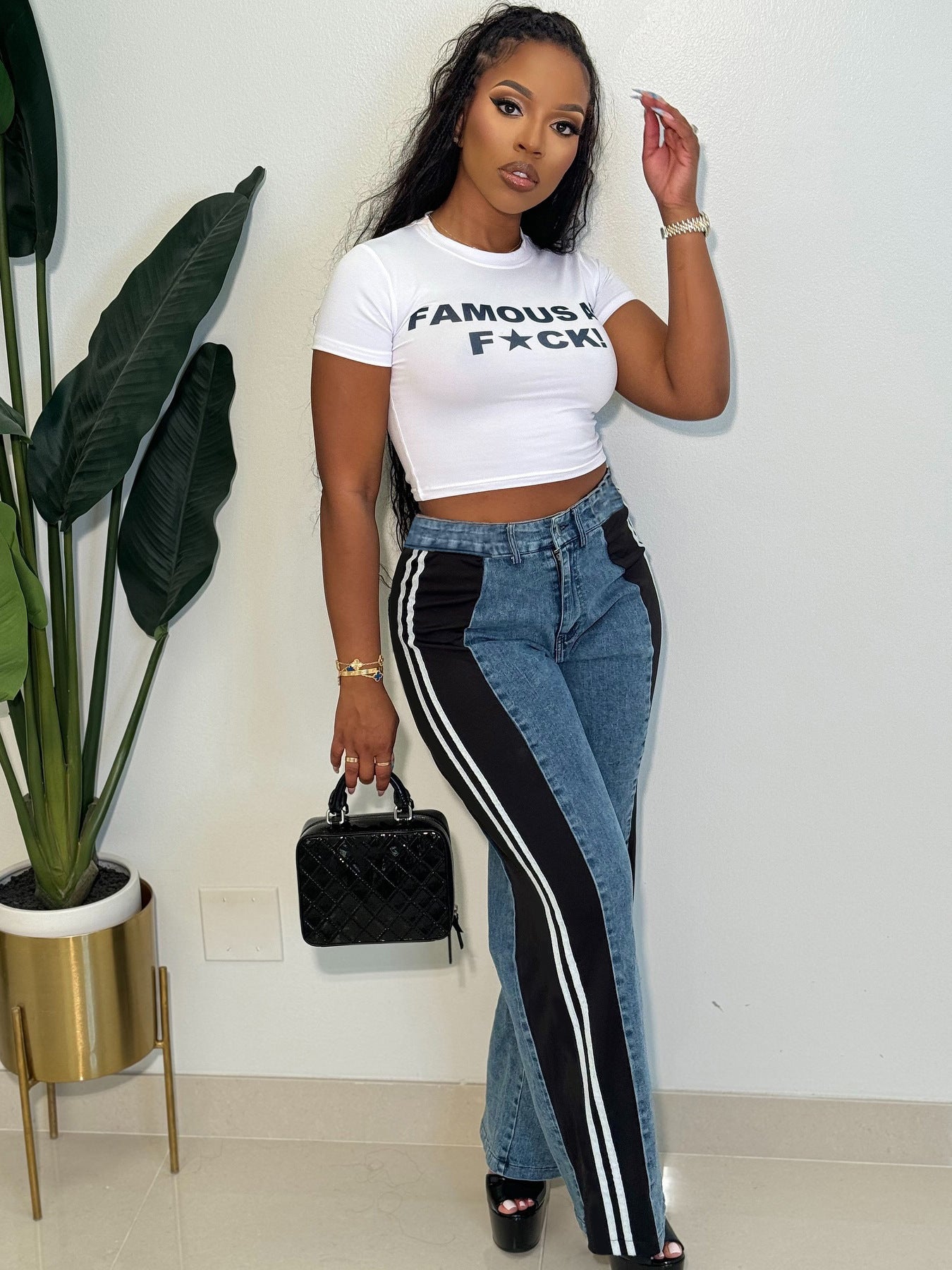 Fashion Patchwork Striped Wide-Leg High-Waist Straight Casual Women's Denim Pants 3