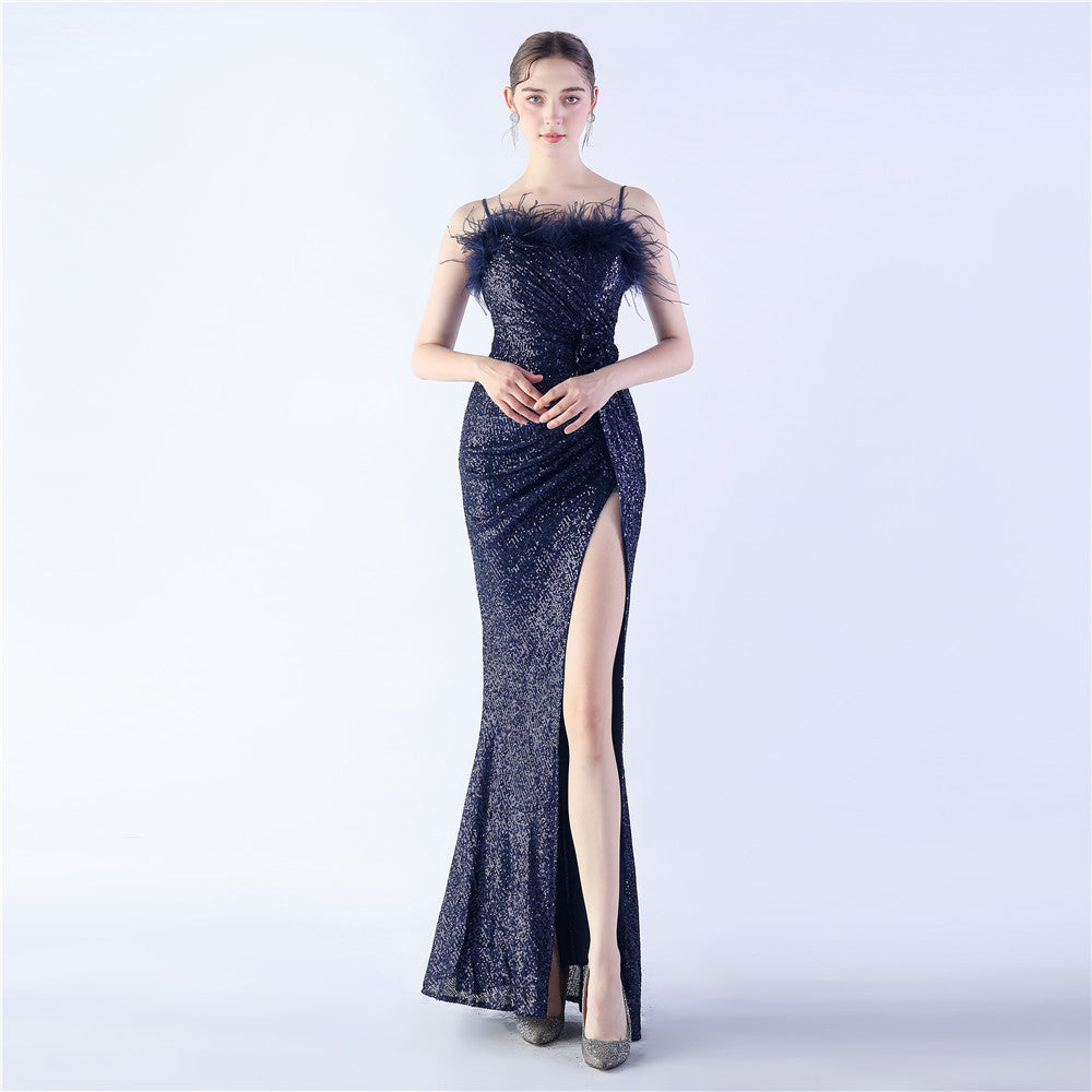 Sexy Straps Feather Sequins Flower Wedding Party Evening Dress 4
