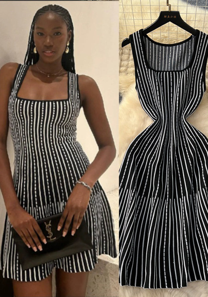 Women's Summer Square Neck Sleeveless Striped Slim Knitting Dress