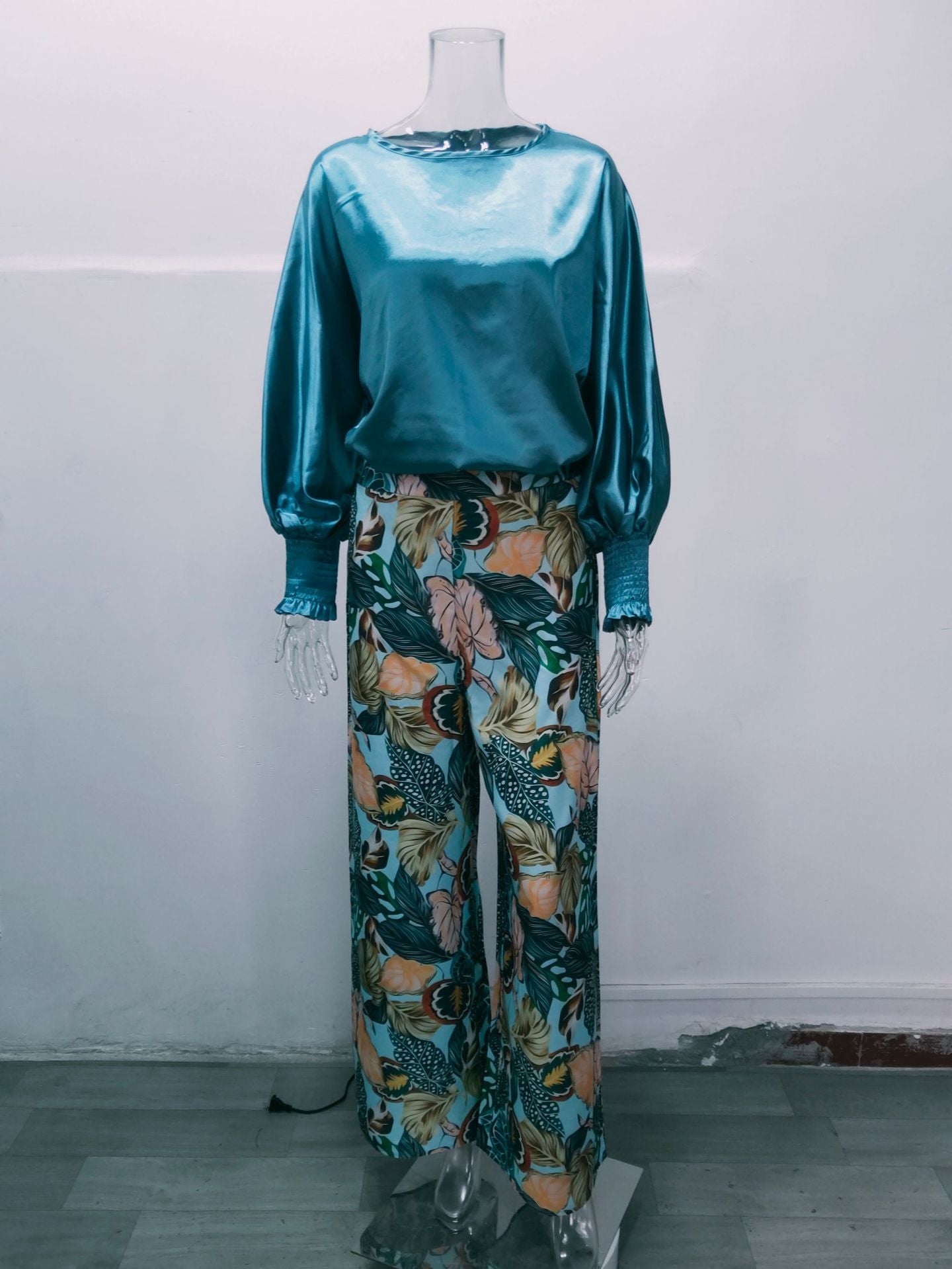 Summer women's suit lantern sleeves loose top printed wide-leg pants two-piece set 8