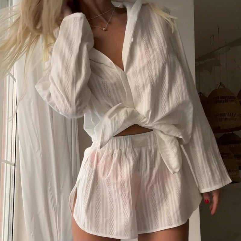 Autumn Women's Fashion Solid Color Shorts & Shirt Casual Home/Outdoor Wear Set 4