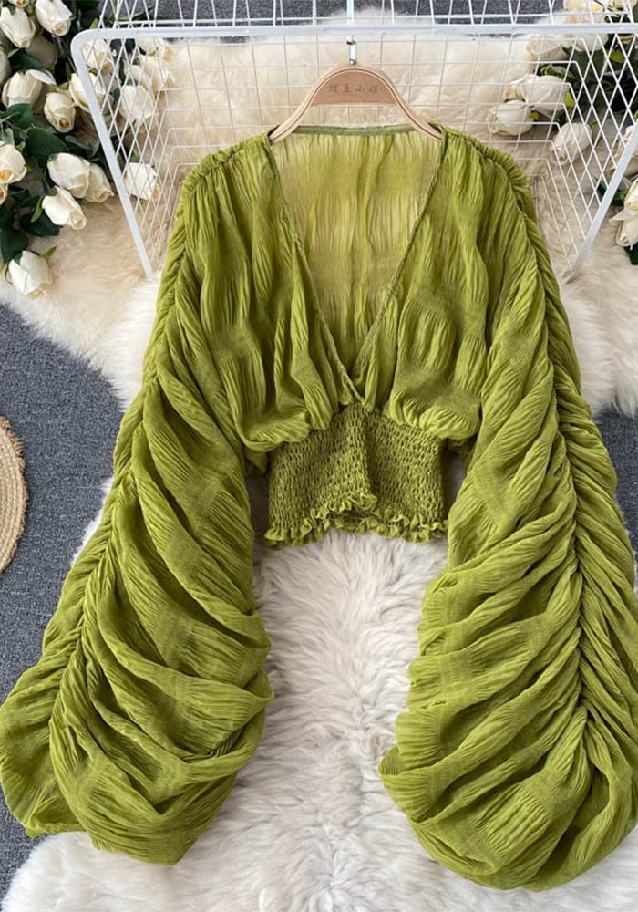 Pleated Puff Sleeves Slim Short Fashionable Chiffon Shirt Tops 7