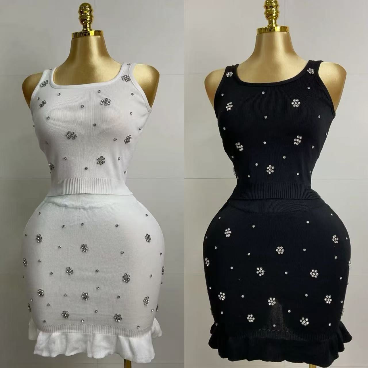 Autumn Elegant White Beaded Knit Tank Top + Mini Skirt Set 5