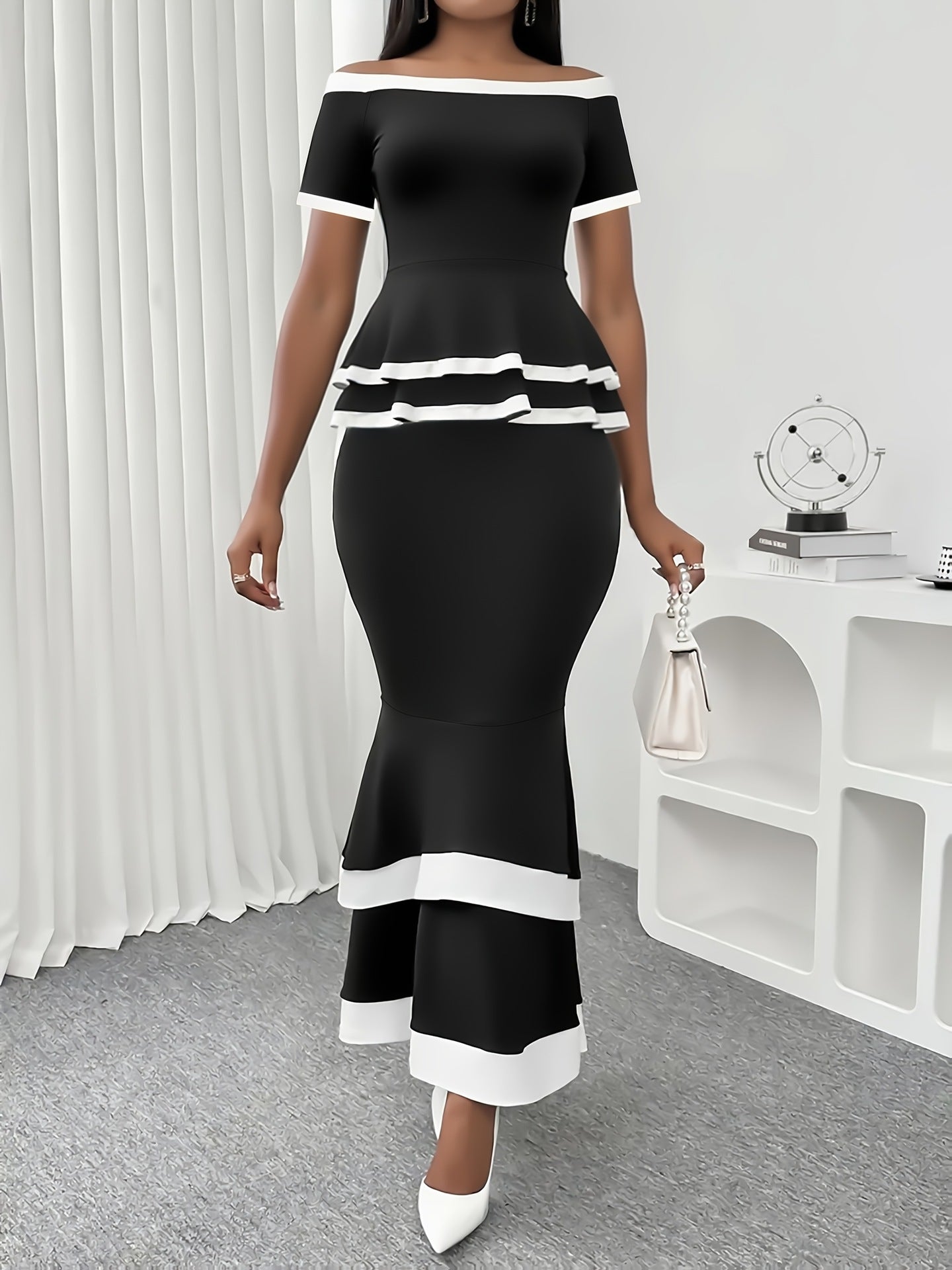 Women Elegant Colorblock Off-Shoulder Top and Skirt Two-Piece Set