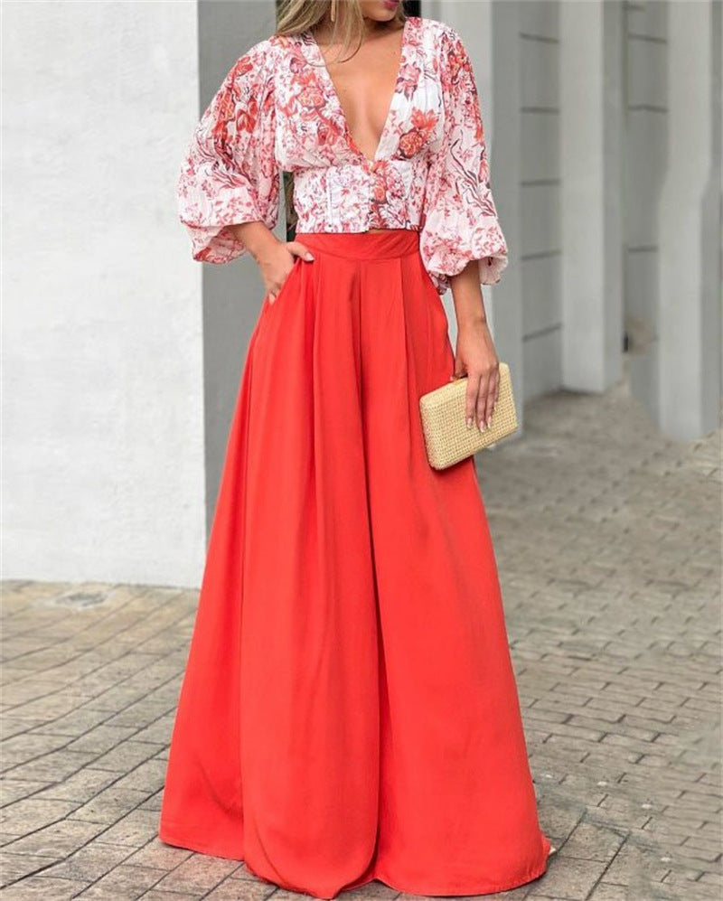 Autumn V-Neck Women'S Puff Sleeve Print Top Wide Leg Pants Fashion Two Piece Set 9