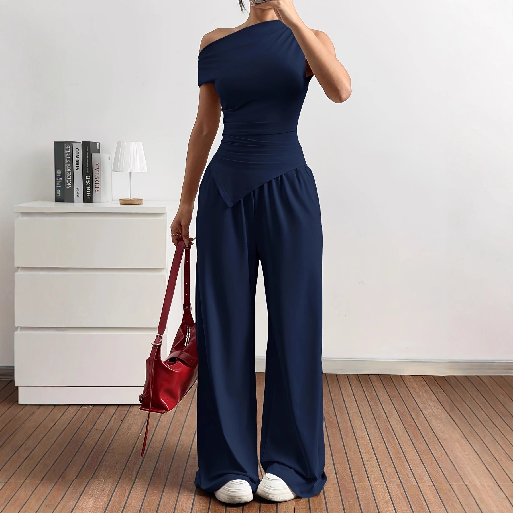 Women's Casual Career Solid Color Asymmetric Top and Pants Two-Piece Set 5