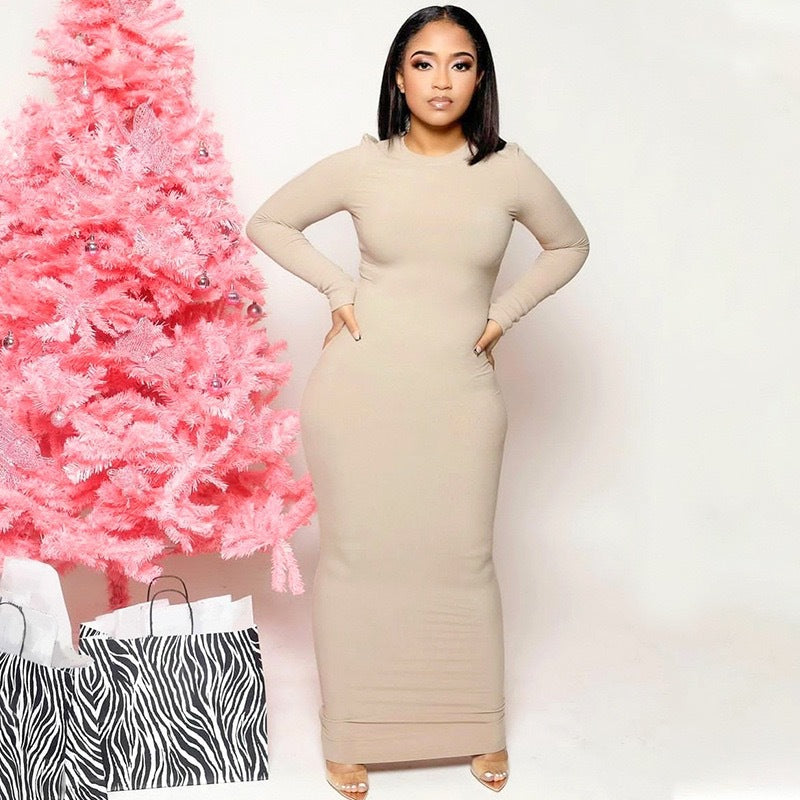 Women Round Neck Long Sleeve Bodycon Maxi Dress 5