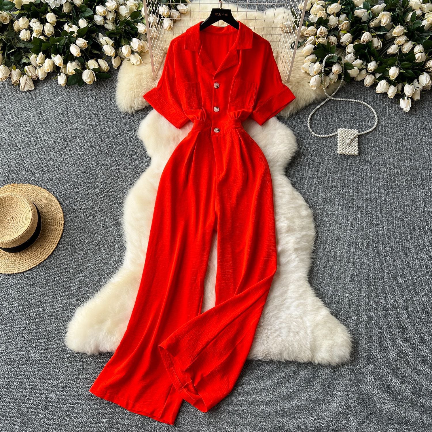 Summer Chic Turn-down Collar Button High Waist Jumpsuit 14