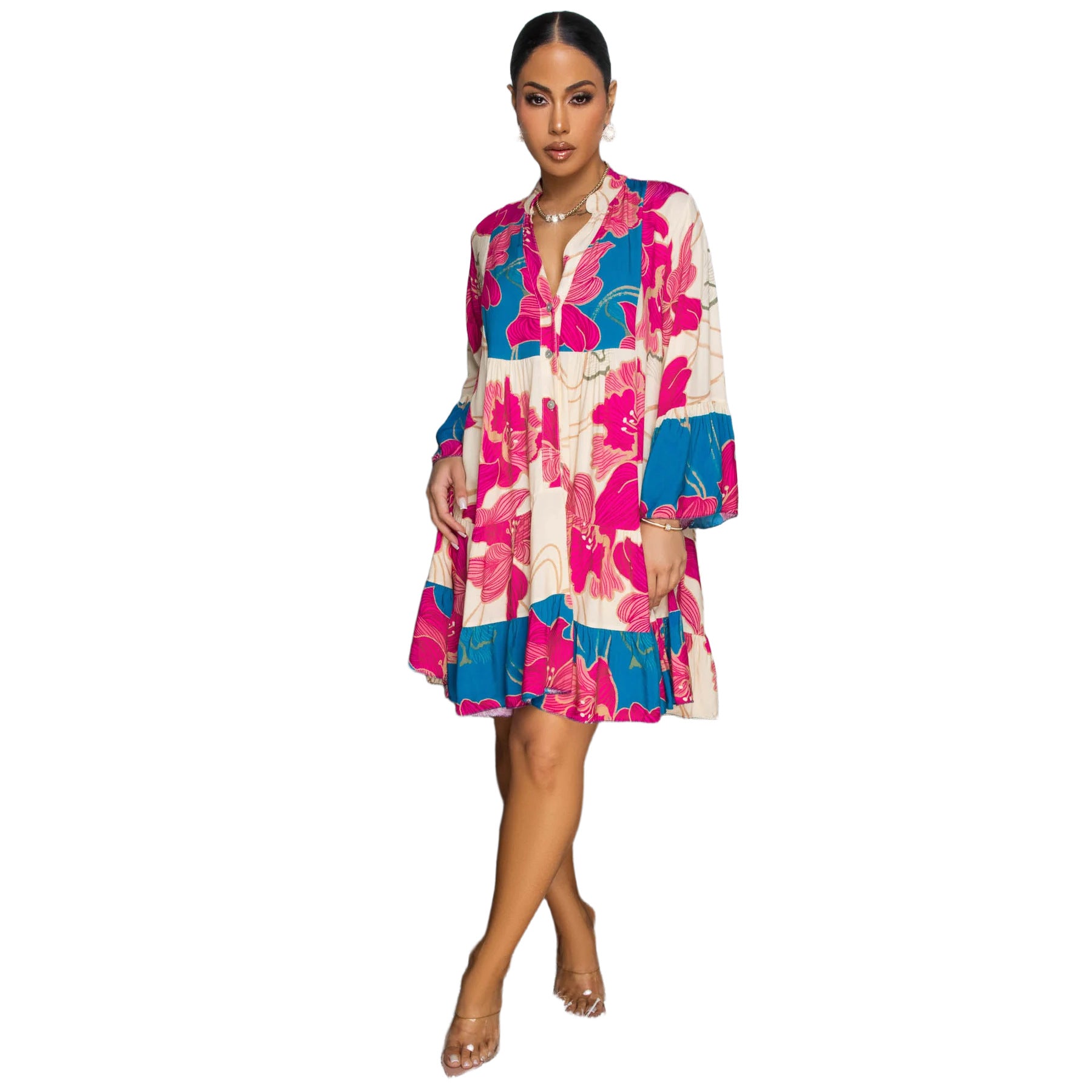 Women Elegant Floral Print V-Neck Patchwork Contrast Color Mini Dress 9