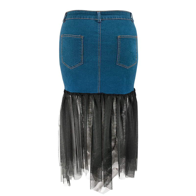 Plus Size Women's Denim Patchwork Mesh Skirt 7