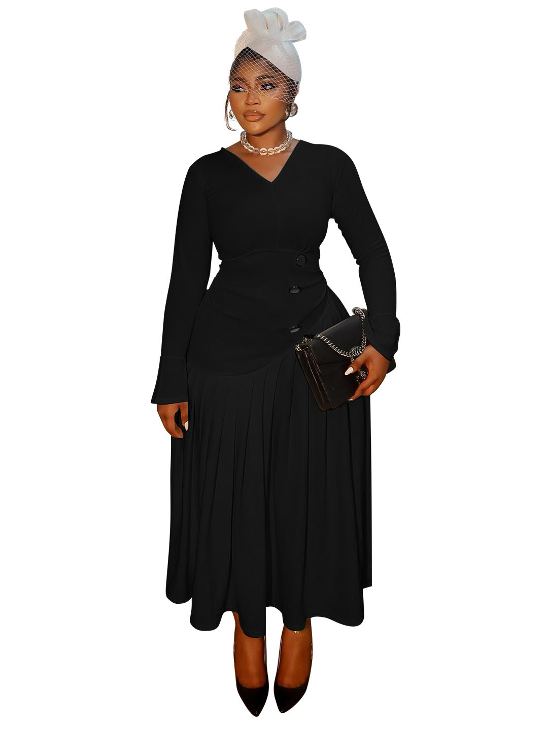 Plus-Size Women Autumn V-Neck Pleated Maxi Dress 10