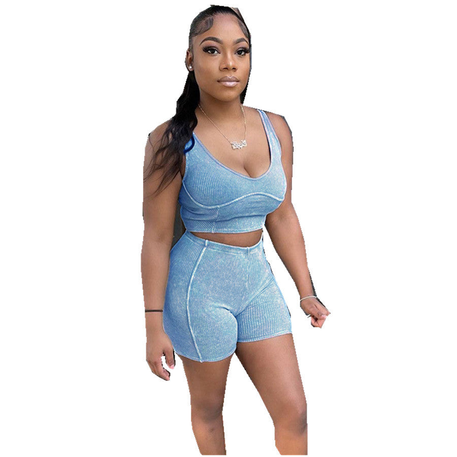 Women Rib Camisole and Shorts Summer Casual Sports Two-piece Set 11