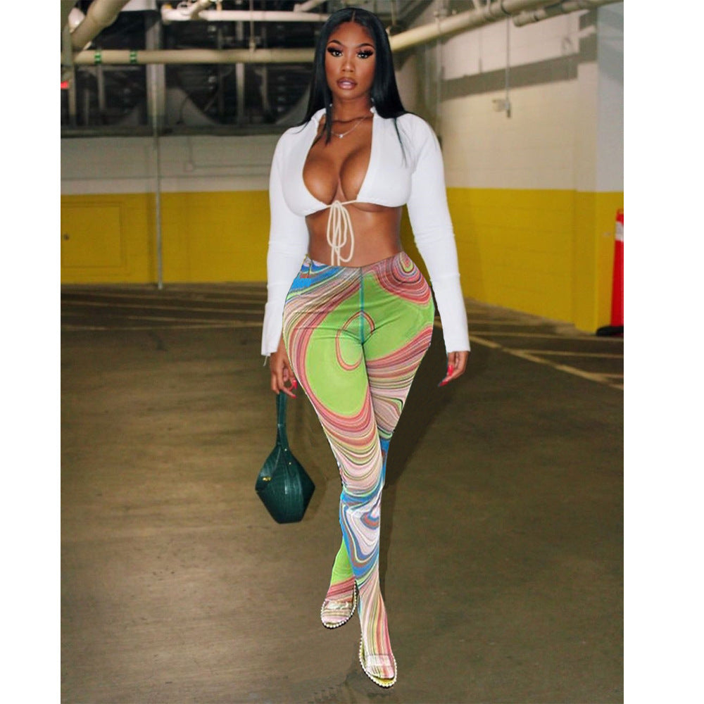 Sexy Solid Color Lace-Up Top Printed Tight slim pants two piece set