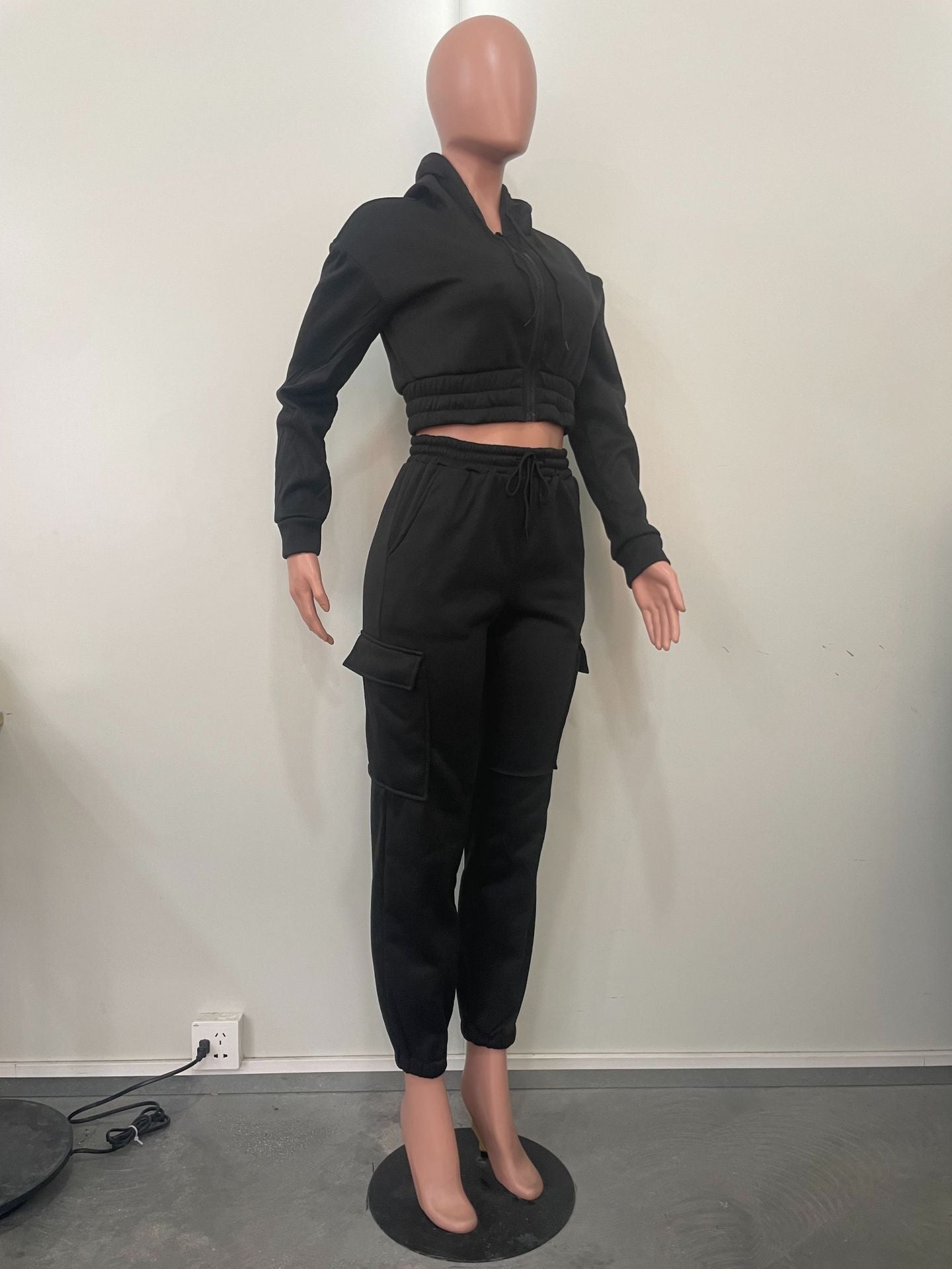 Autumn and winter Women fleece Hoodies and pocket trousers Solid two-piece set 12