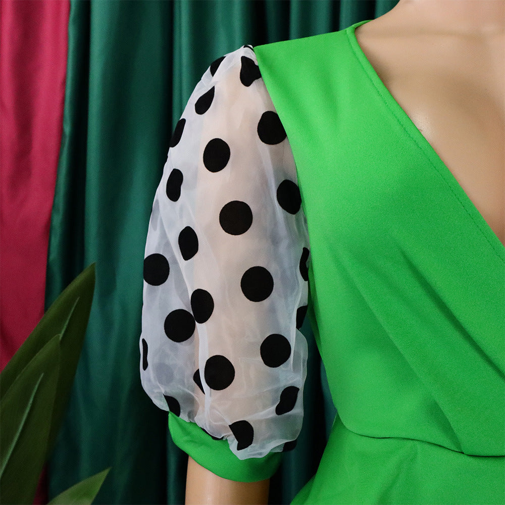 Women Summer mesh flocked puff sleeves V-neck Bodycon dress 37