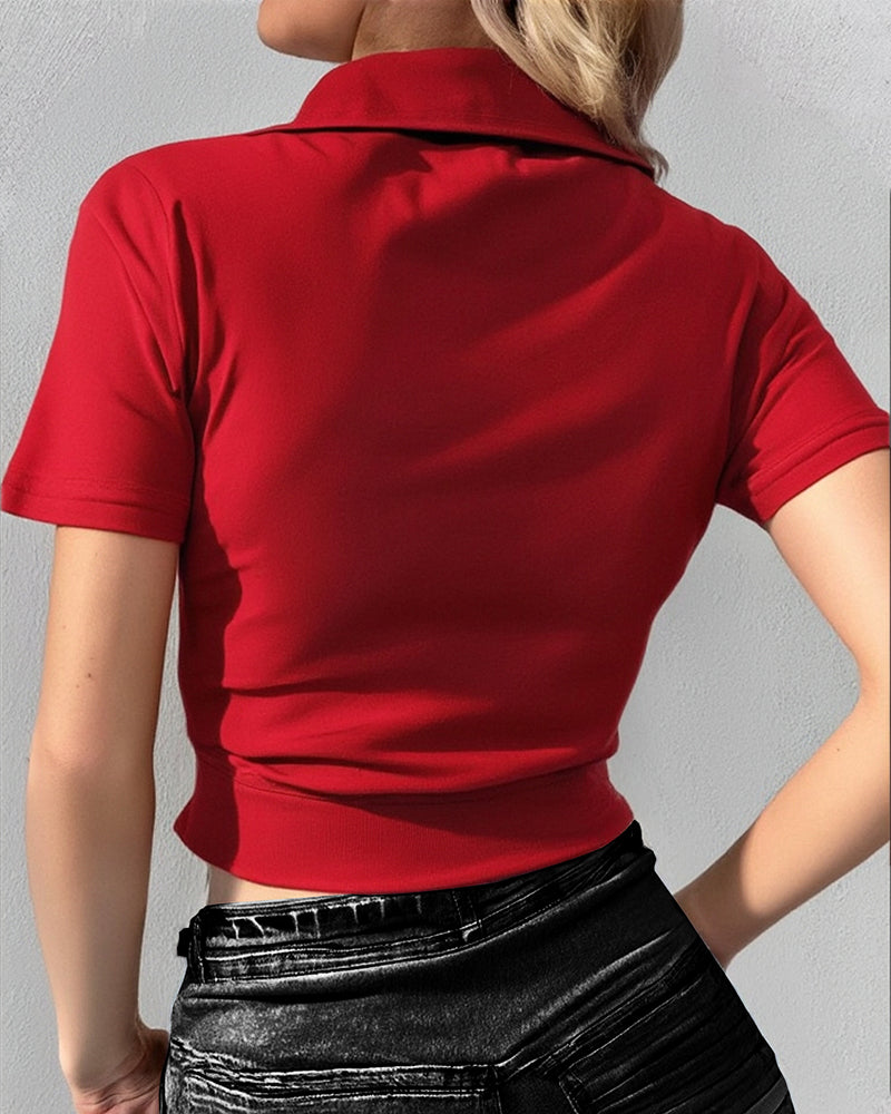 Women's Red Short-sleeved Casual Patch Pocket Turndown Collar Shirt Top 3
