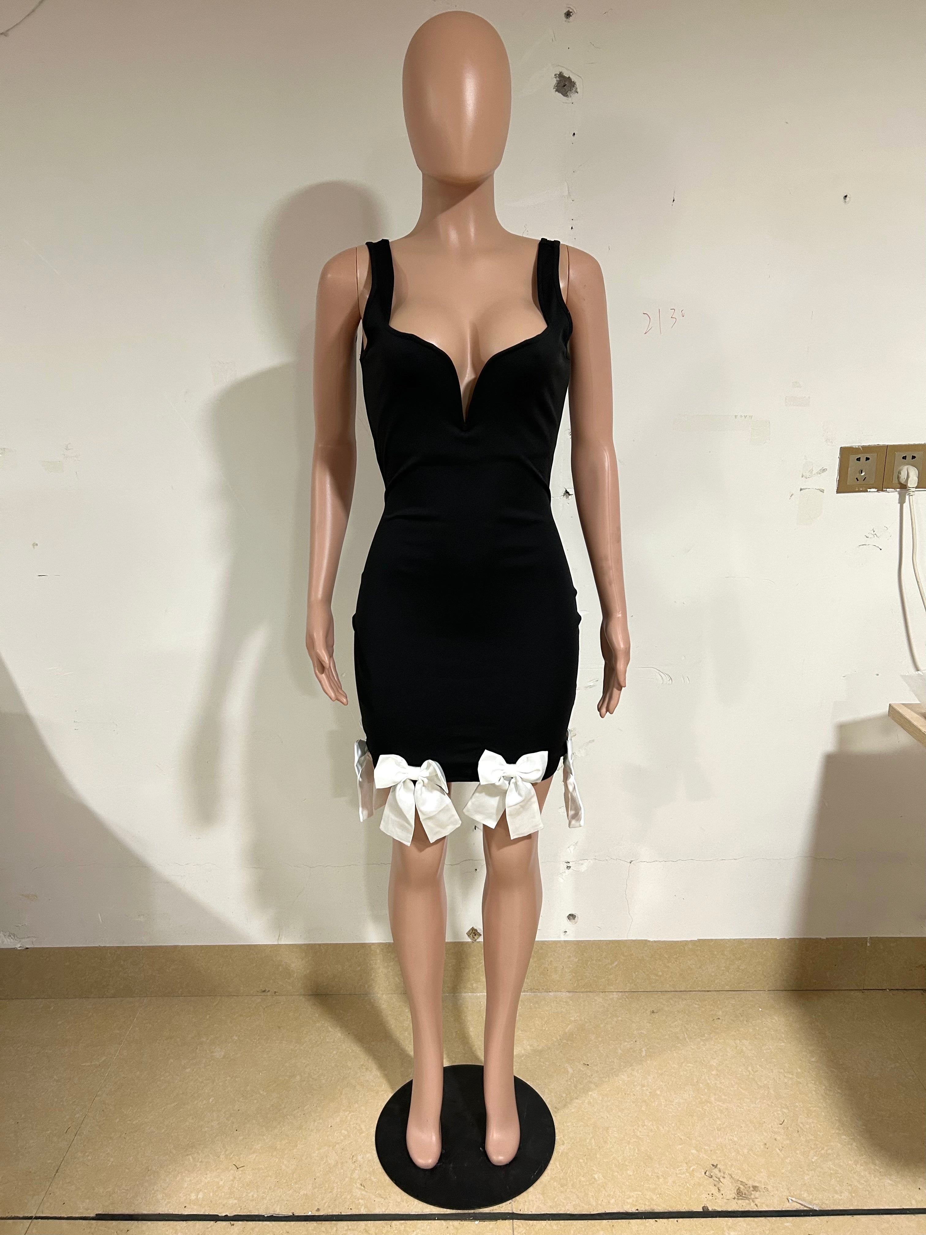 Women Metal V-Neck Sexy Suspender Bow Tassel Bodycon Dress 7