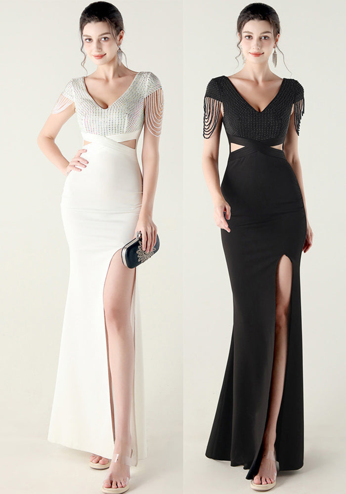 Beaded Chain Shoulder Deep V Hollow Slim Formal Party Evening Dress