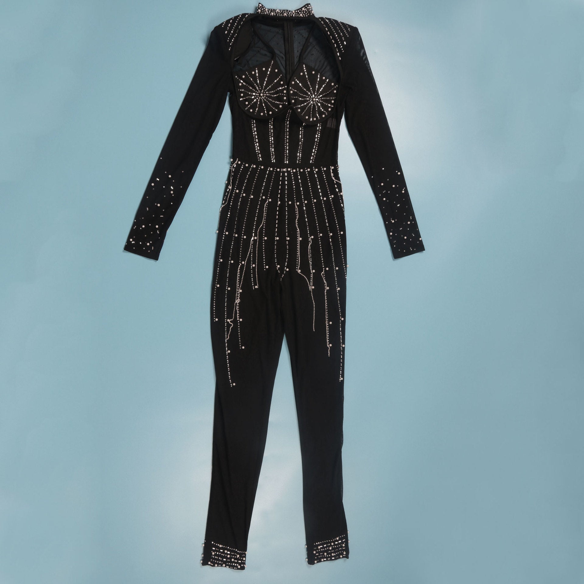 Sexy Beaded Pearl Strip Trendy Stretch Tight Fitting Jumpsuit 16