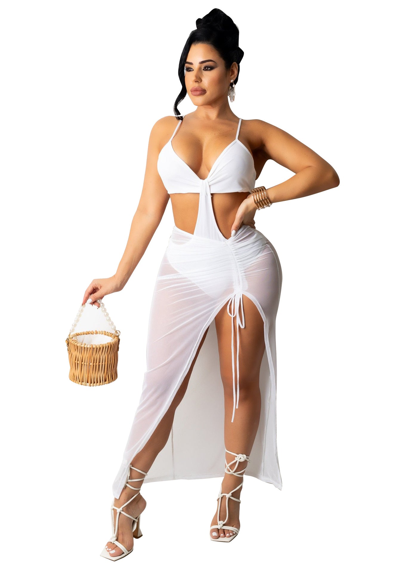 Women Sexy Suspender Crop Top and Slit Skirt Two-piece Set 11