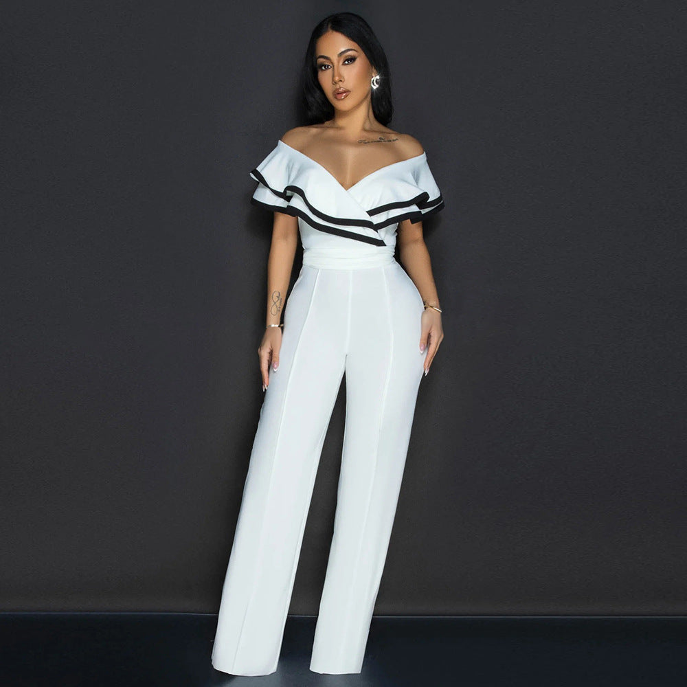 Women Summer Off Shoulder Short Sleeve Wide Leg Jumpsuit 9