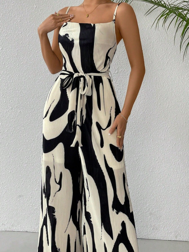 Spring/Summer Zebra Print Strappy Belt Wide-Leg Jumpsuit