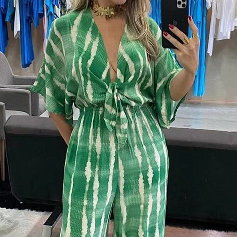 Fashionable Printed Belt V-Neck Half Sleeve Jumpsuit 5