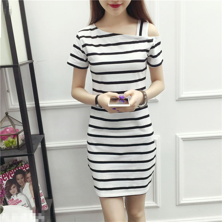 Women Slash Shoulder Striped Suspender Sexy Dress 3