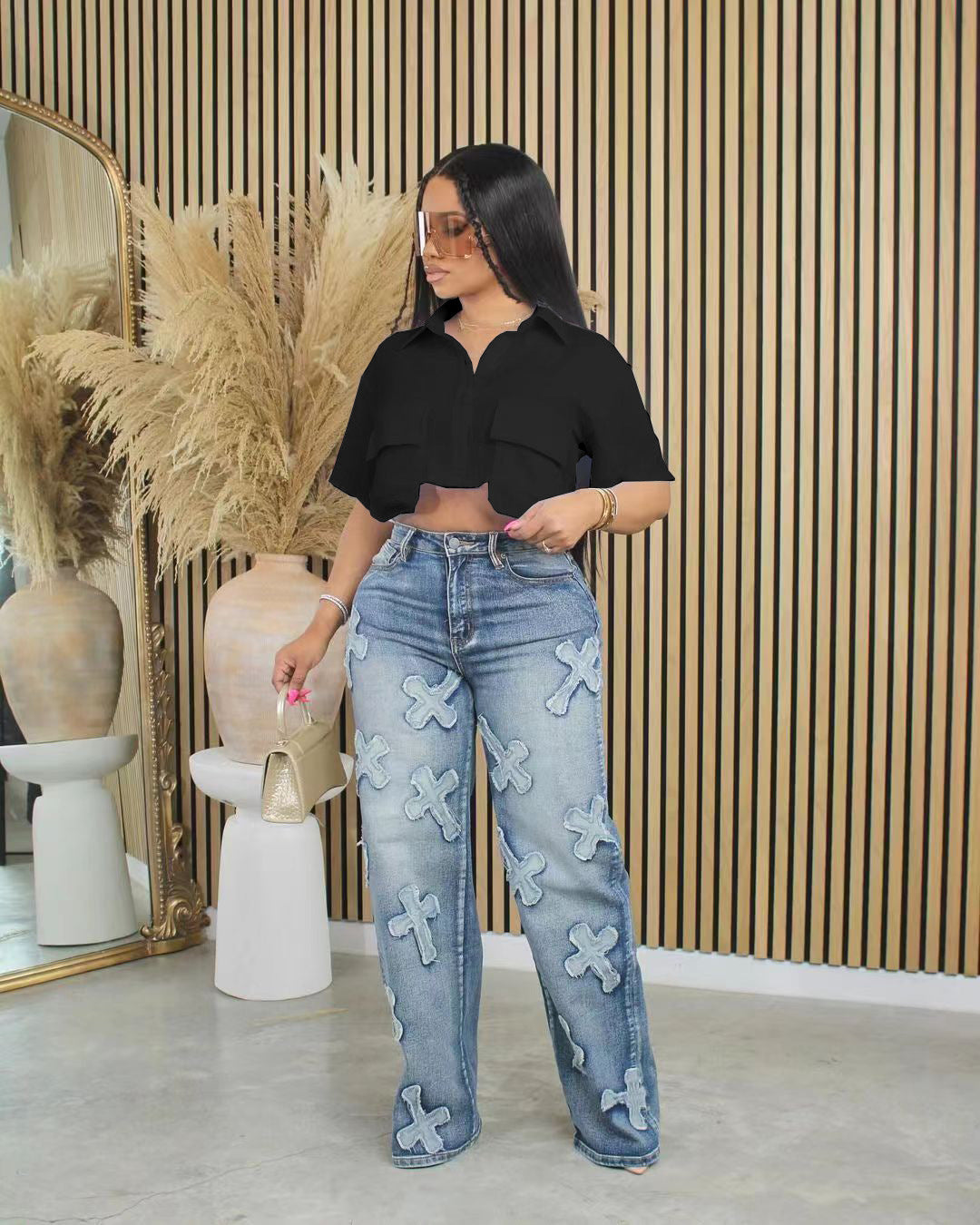 Spring Summer Women's Short Sleeve Solid Color Short Sleeve Crop Shirt 13