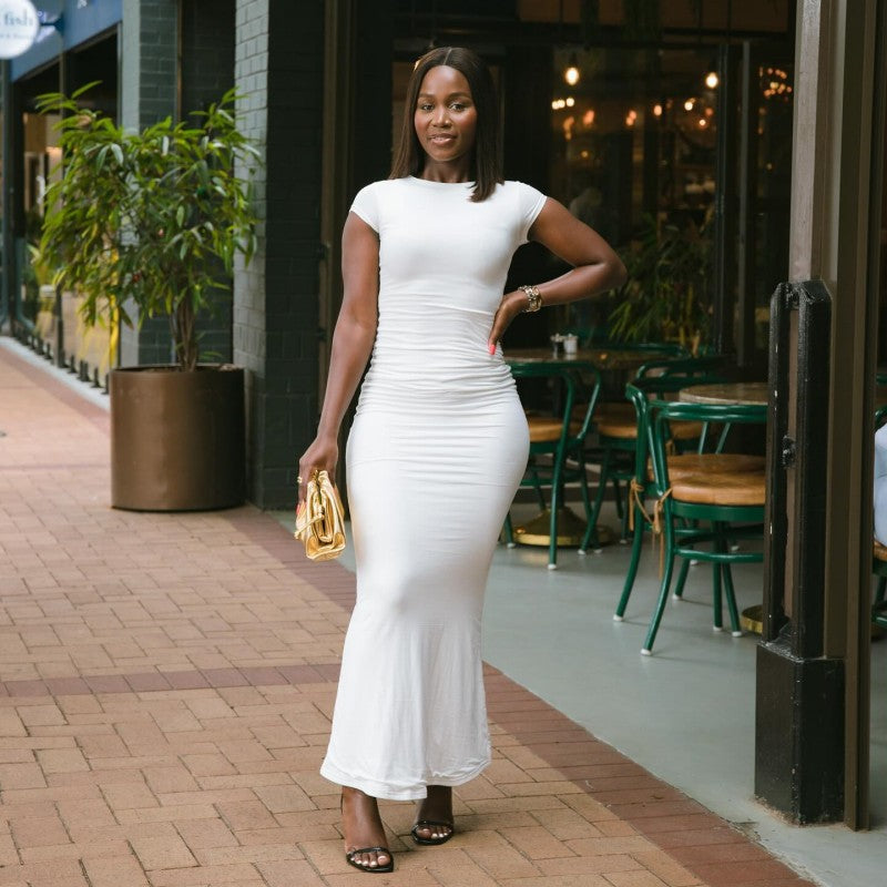 Women Solid Round Neck Short Sleeve Bodycon Dress 6