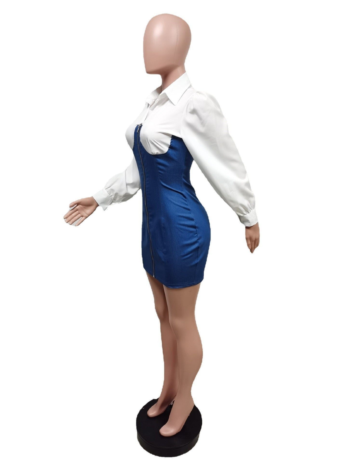 Fall/Winter Long Sleeve Patchwork Slim Bodycon Stretch Denim Dress 11