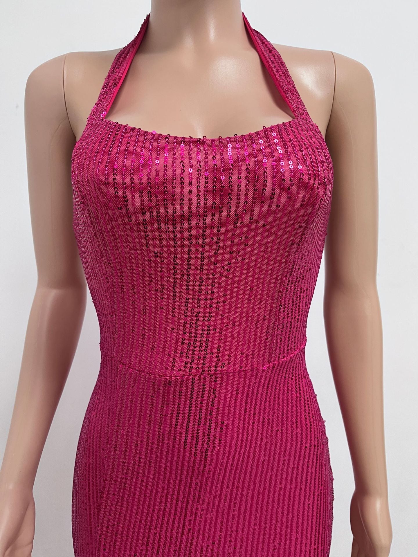 Women Sleeveless Halter Neck Backless Sequin Slit Evening Dress 37