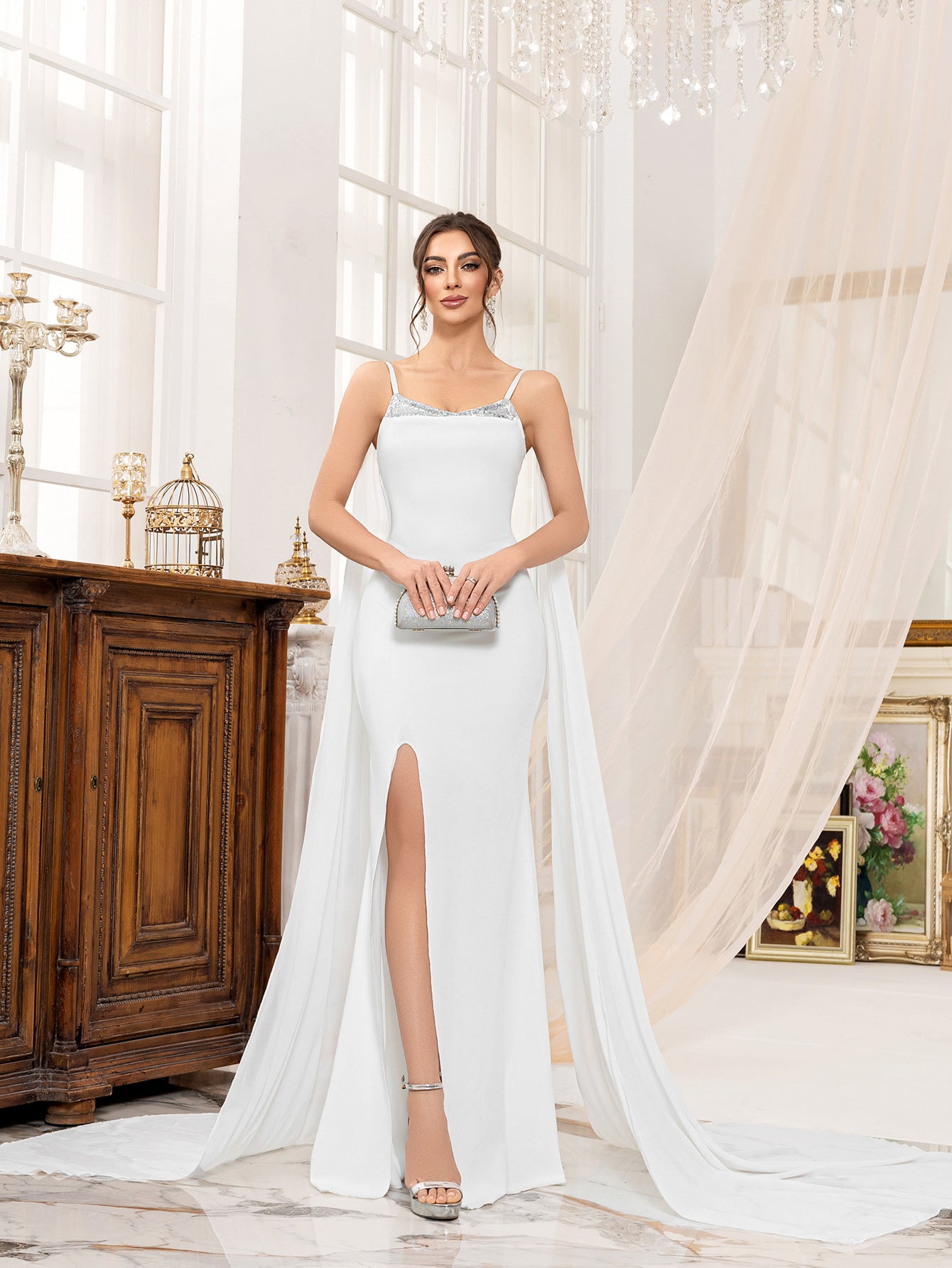 Sequin Strapless Wedding Dress High Waist Elegant Long Evening Gown 4