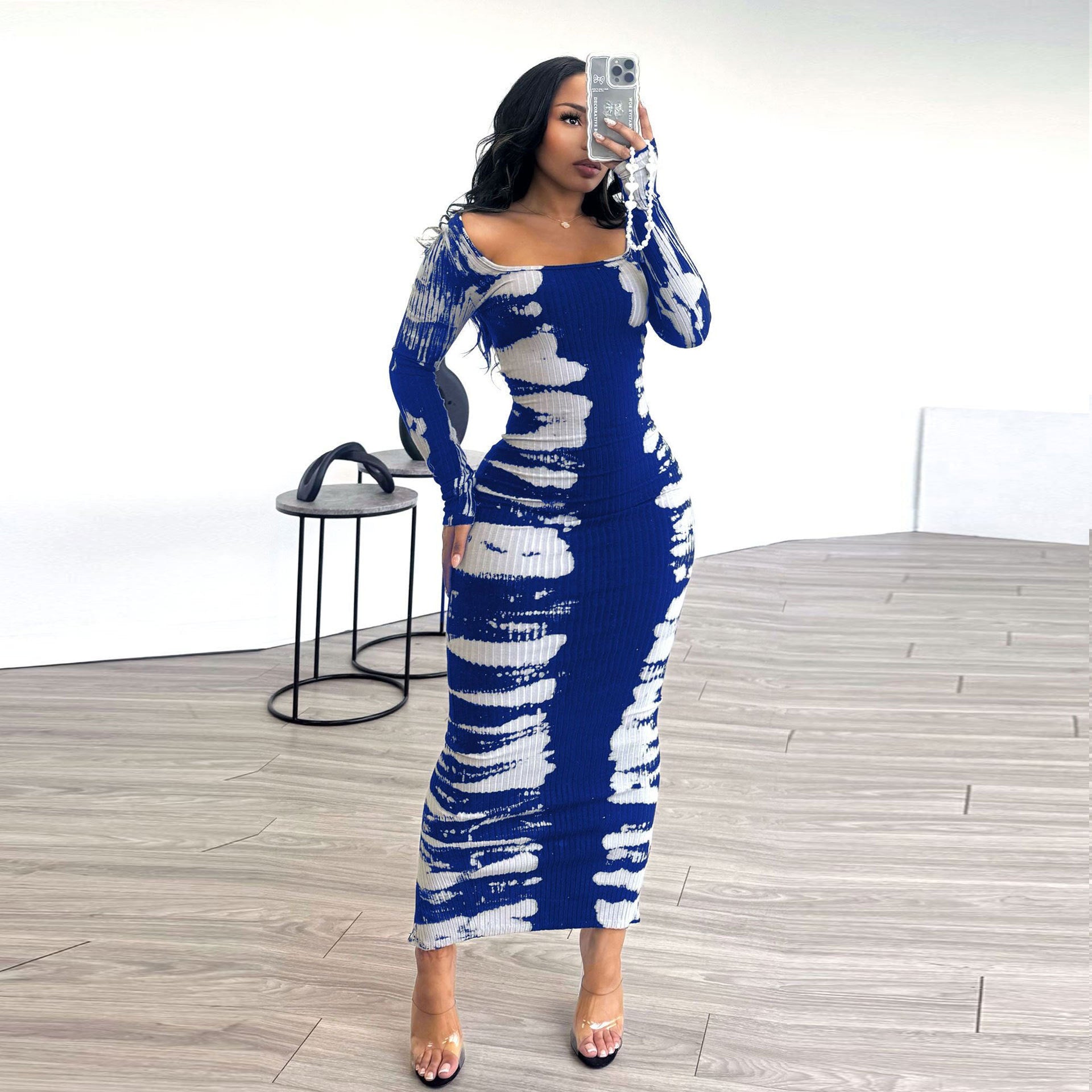 Women Printed Long Sleeve Square Neck Sexy Bodycon Dress 6