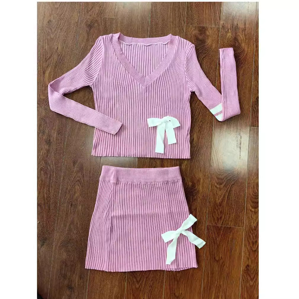 Women Casual Bowknot V-neck Sweater And Skirt Two Piece Set