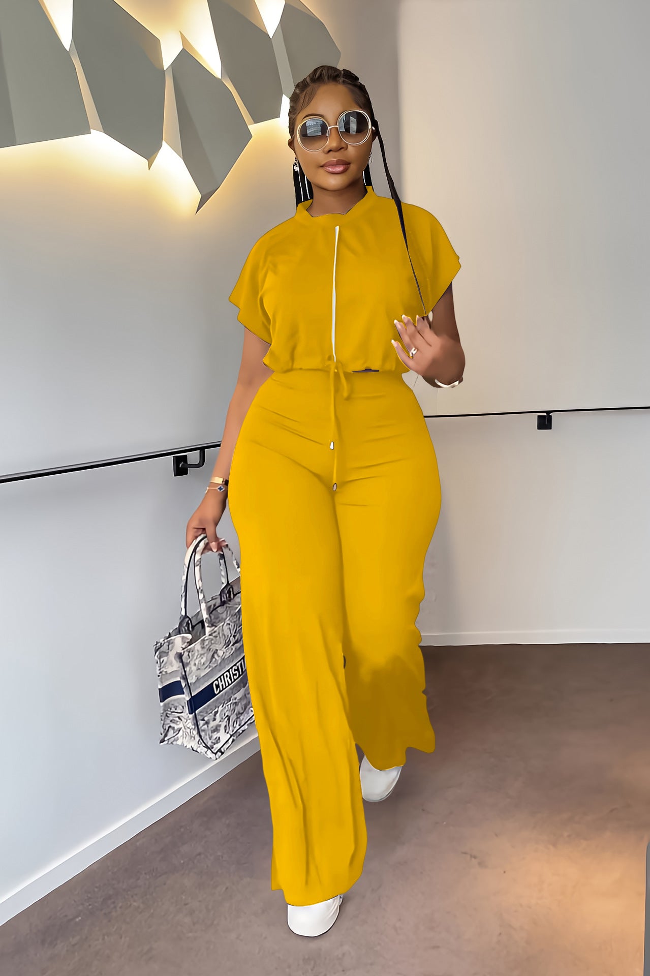 Summer Drawstring High Waist Slit Women's Fashion Two-Piece Pants Set 3